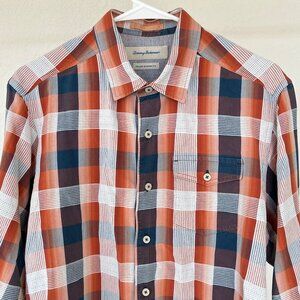 Tommy Bahama Long Sleeve Orange Blue Plaid Island Modern Fit Silk Cotton Large